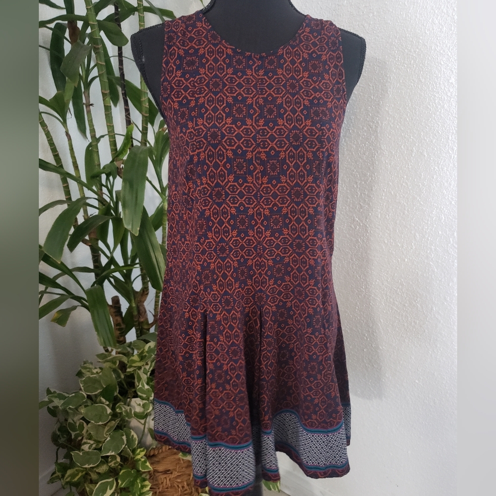 Boho Navy and Orange Patterned Sleeveless Dress Size L